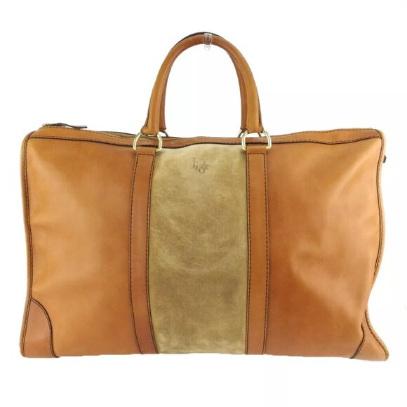 DIOR Boston Bag Logo Beige Leather x Suede Authentic USED - Picture 1 of 9